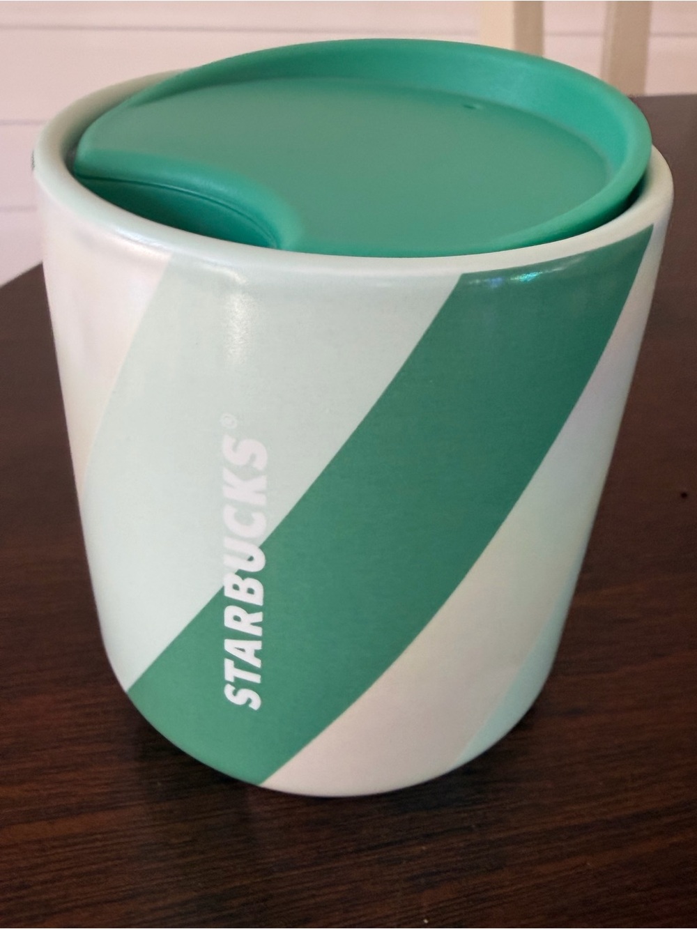 Starbucks Iridescent-Mint-green stripped Ceramic Tumbler with green lid 8 oz NEW